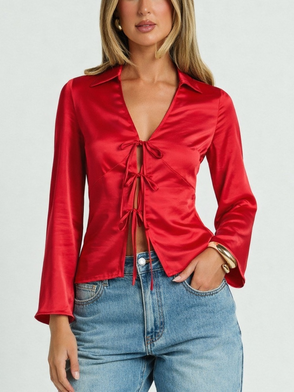 a new day Red Tie-Front Satin Button Down Shirt